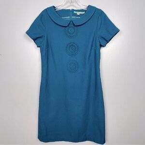 Boden women’s textured teal Peter Pan collar back zip sheath dress, size 6L.